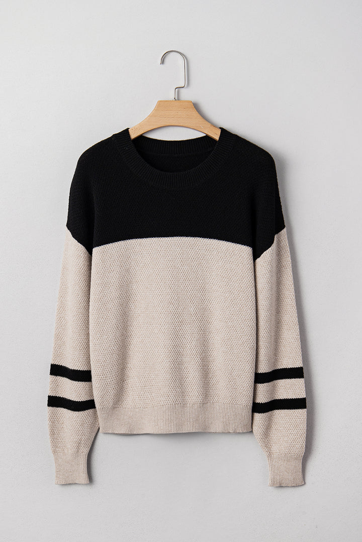Parchment Color Block Knit Striped Sleeve Detail Casual Sweater