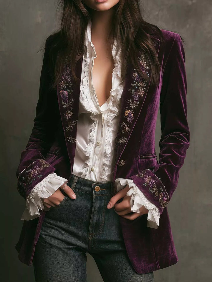 Embroidered Velvet Long Sleeve Outerwear
