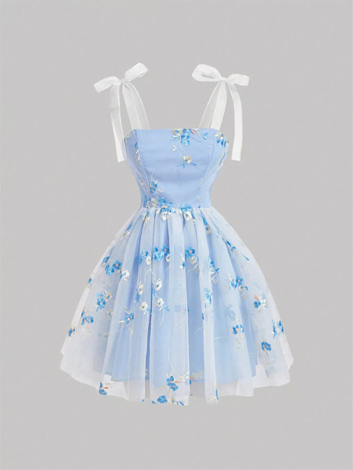 Floral Embroidered Tie Shoulder Dress