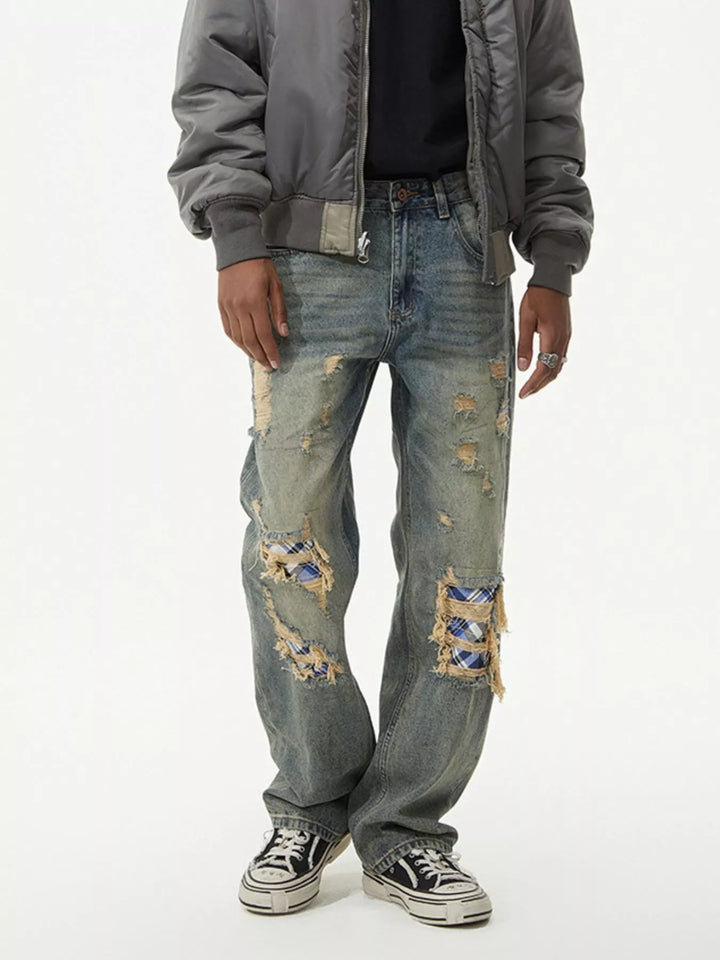 Men's Distressed Plaid Patch Wide Leg Jeans