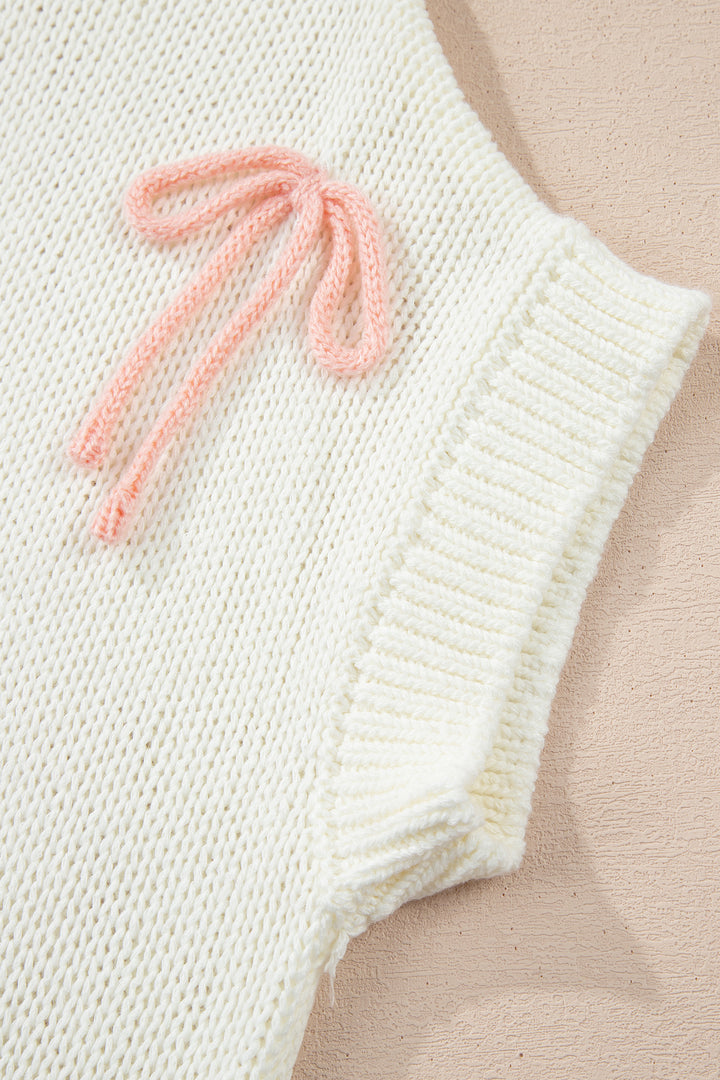 White Short Sleeve Knit Contrast Bow Knot Loose Sweater