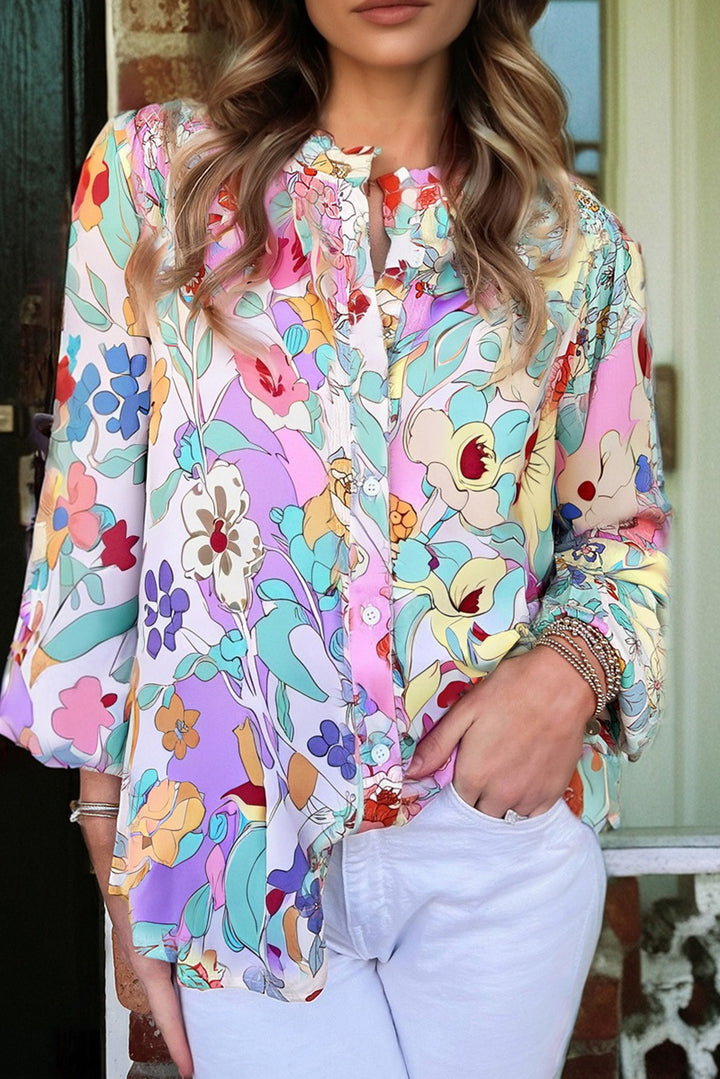 Pink Floral Print Patchwork Frilly Neckline Long Sleeve Shirt