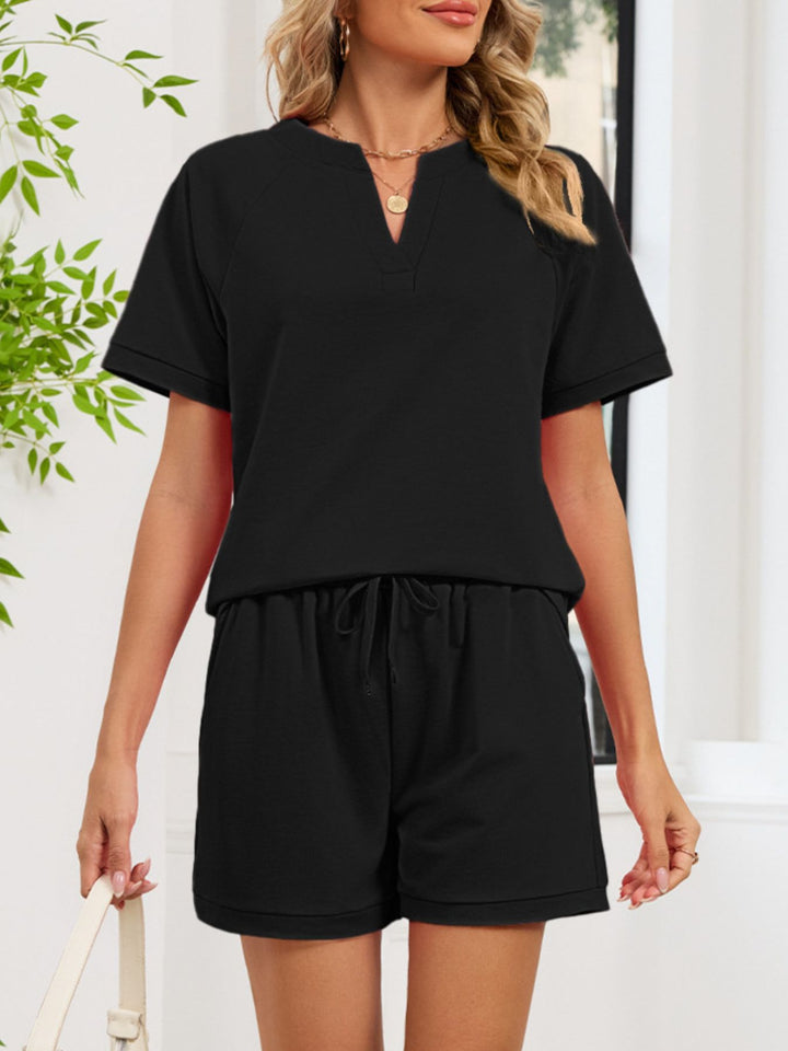 Notched Short Sleeve Top and Shorts Set
