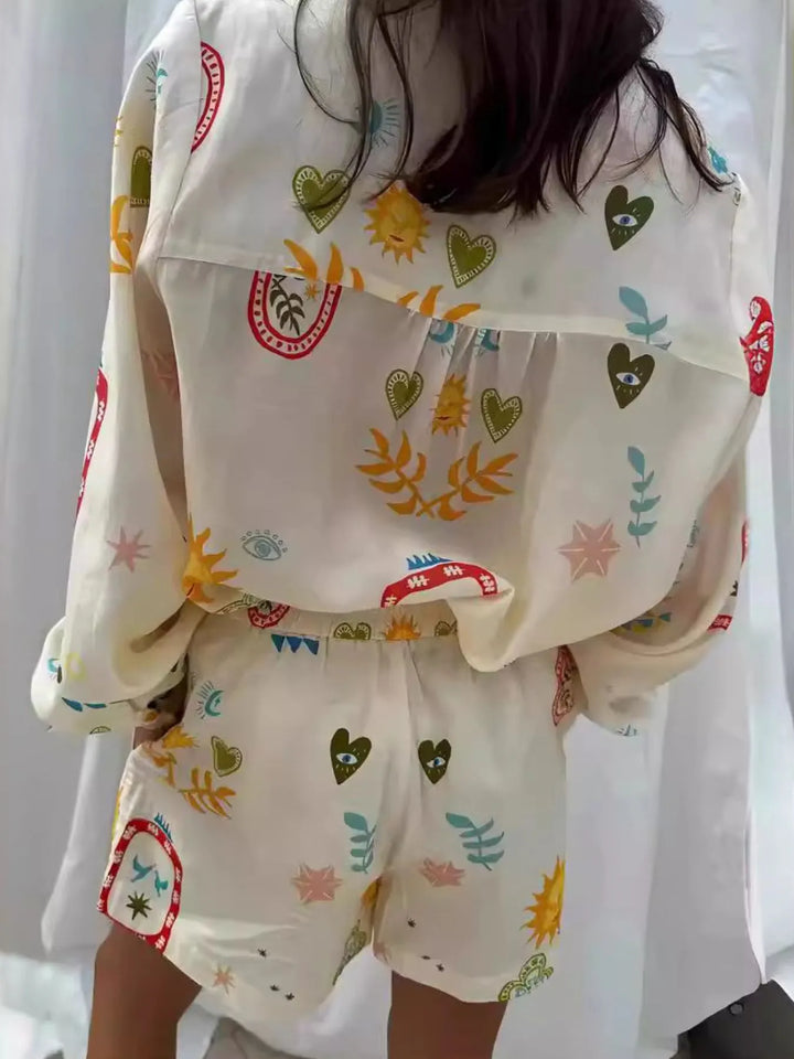 Printed Long Sleeve Shirt and Shorts Set