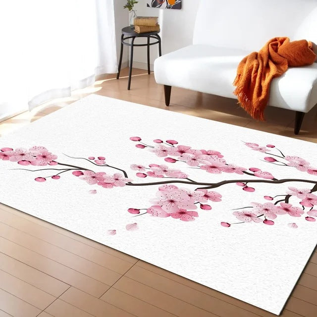 Pastel Cherry Blossom And Crescent Moon Non-Slip Flannel Floor Mat Home Rug Decoration