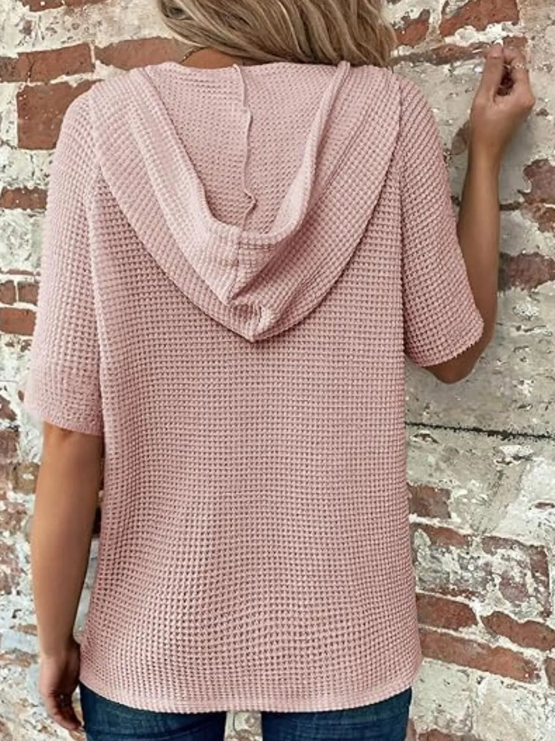 Drawstring Waffle-Knit Short Sleeve Hooded Top