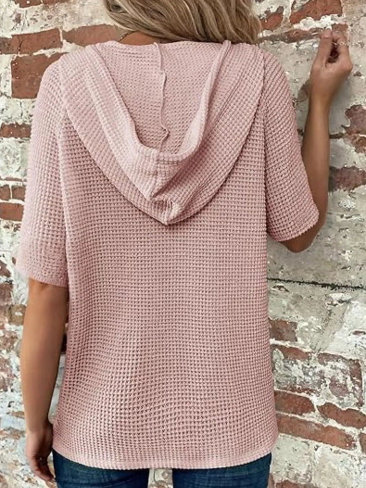 Drawstring Waffle-Knit Short Sleeve Hooded Top