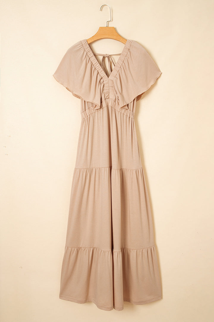 Parchment Textured V Neck Flutter Sleeve Ruffled Maxi Dress