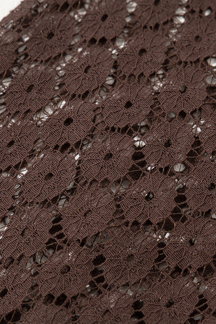 Dark Brown Contrast Lace Raglan Sleeve Pleated Detail Shift Dress