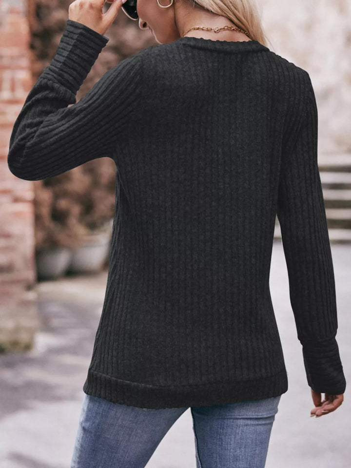 V-Neck Ribbed Knit Long Sleeve T-Shirt