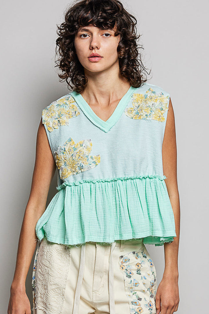 POL Floral Patch Ruffled Sleeveless Top with Raw Edge Detail