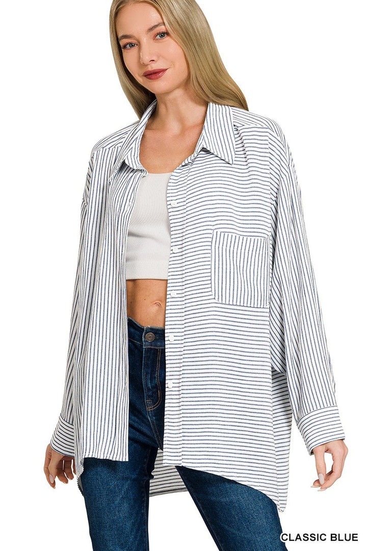 Zenana Woven Stripe Button Down Shirt