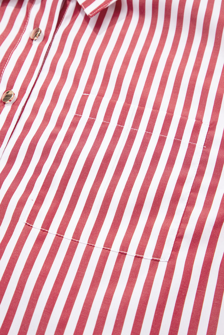 Red Stripe Patched Pocket Side Slit Loose Shirt