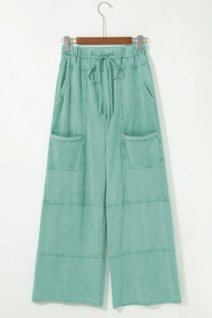 Mineral Wash Exposed Seam Drawstring High Waist Wide Leg Cargo Pants