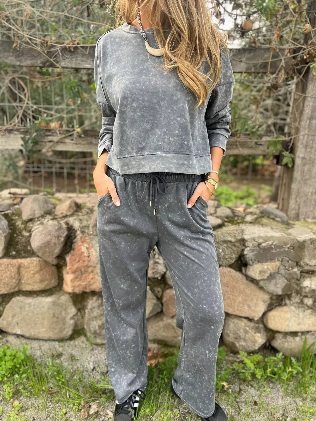 Full Size Washed Round Neck Top and Drawstring Pants Set Plus Size