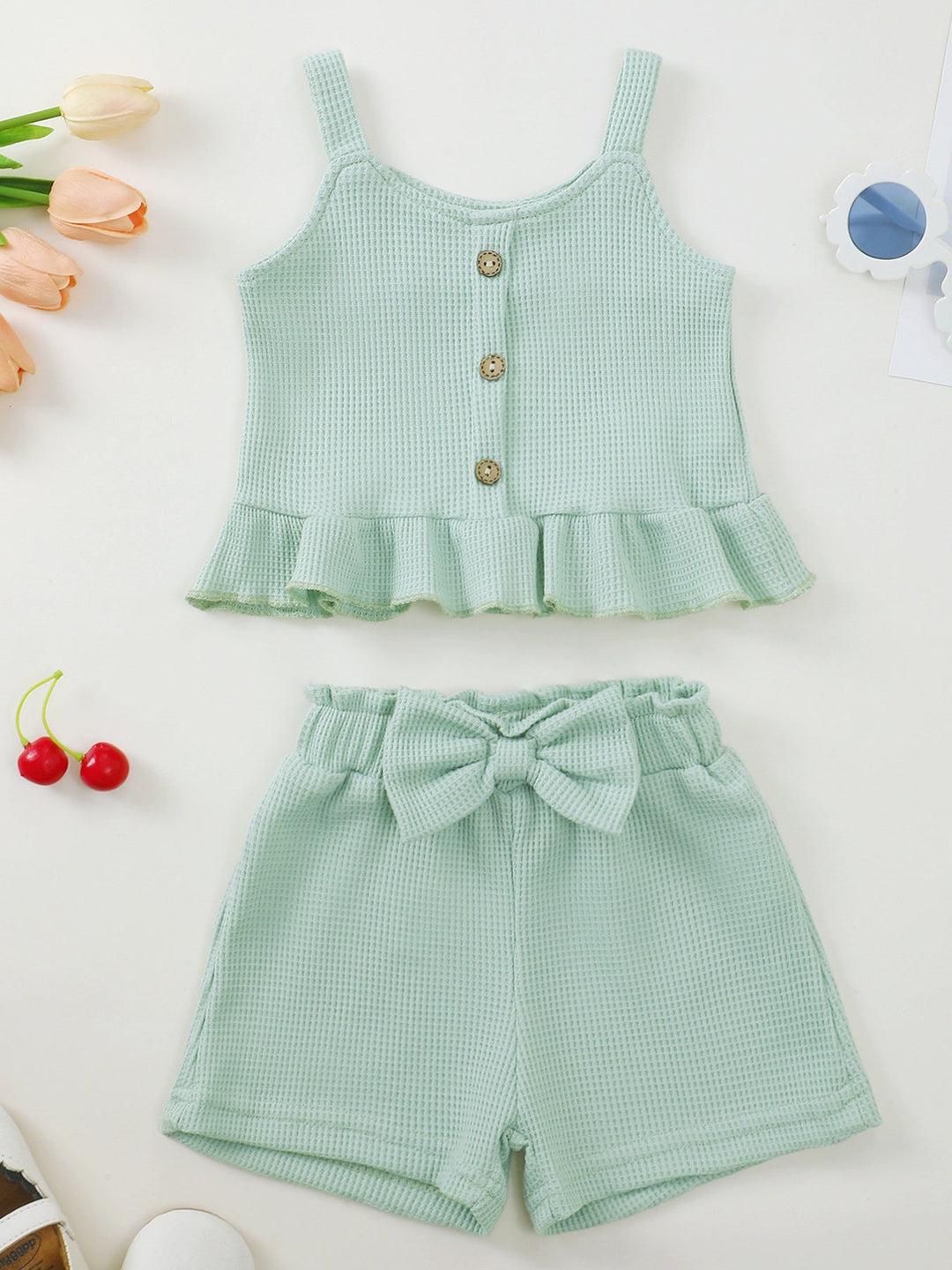Children's Waffle Knit Tank Top and Bow Shorts Set