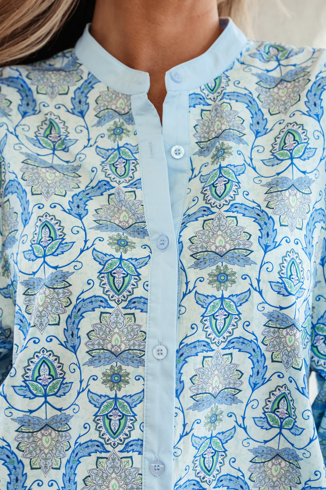 Sky Blue Paisley Print Puff Sleeve Loose Shirt