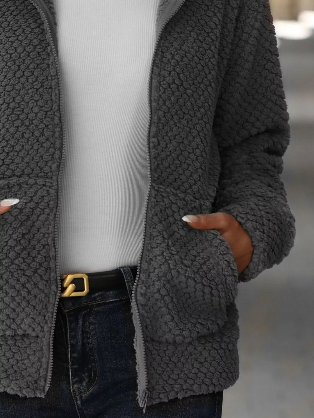 Textured Knit Zip-Up Hooded Outerwear