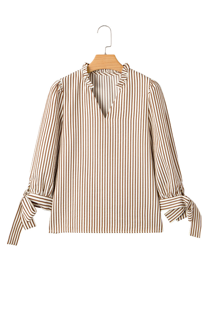 Straw Yellow Striped Print Tied Cuffs Split Neck Seersucker Blouse