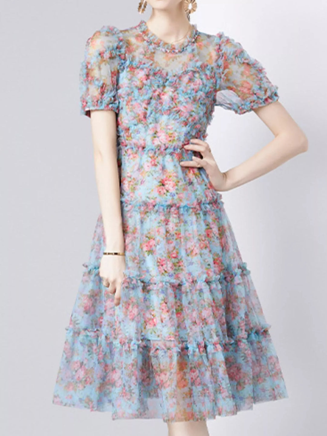 Frill Floral Print Short Sleeve Dress