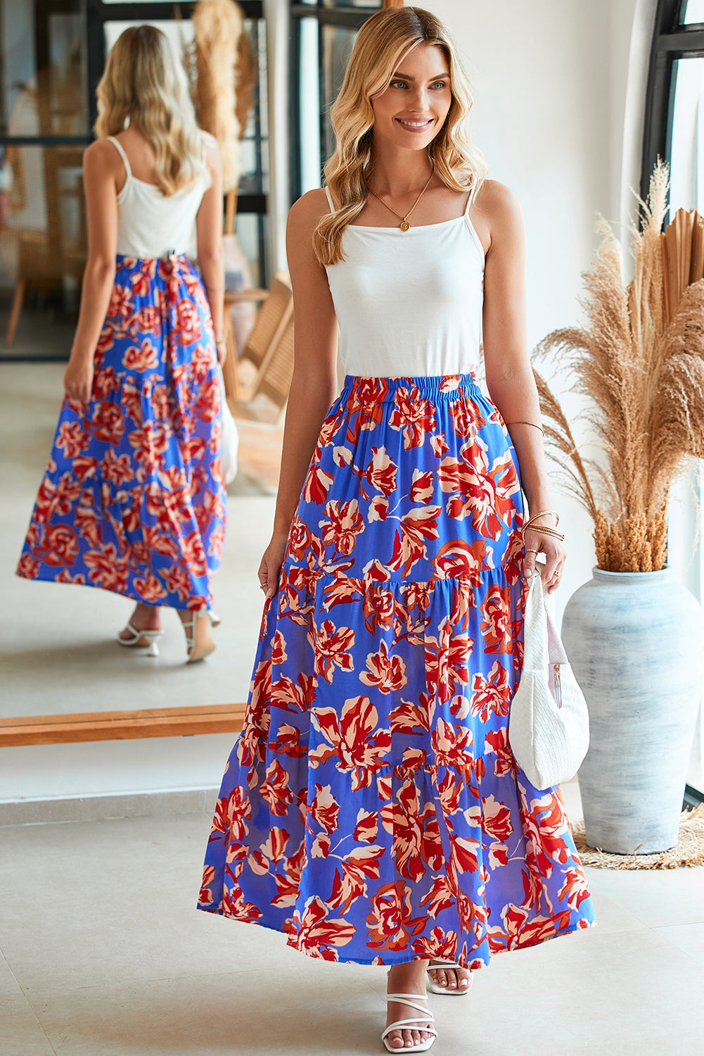 Blue Bohemian Floral Print Tiered Maxi Skirt with Split