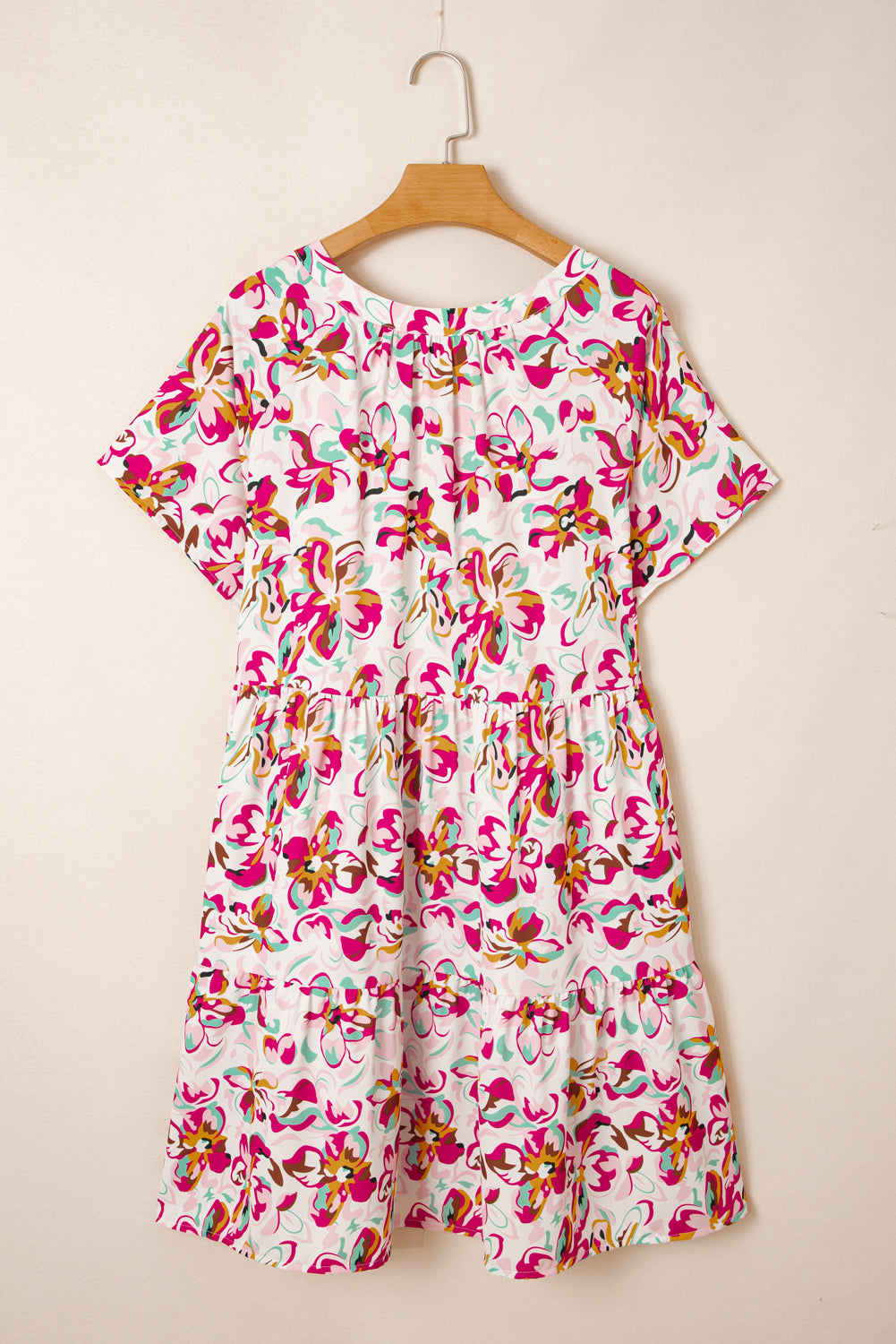 White Abstract Print V Neck Short Sleeve Ruffled Plus Size Mini Dress