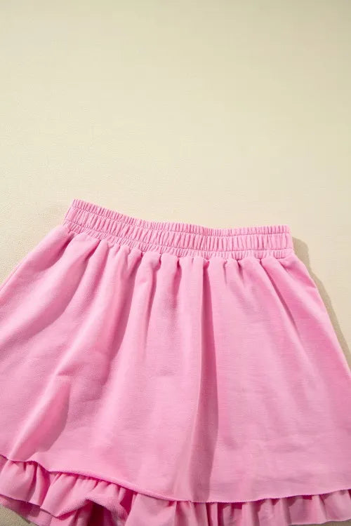 Half Zip Puff Sleeve Top and Ruffled Shorts Set
