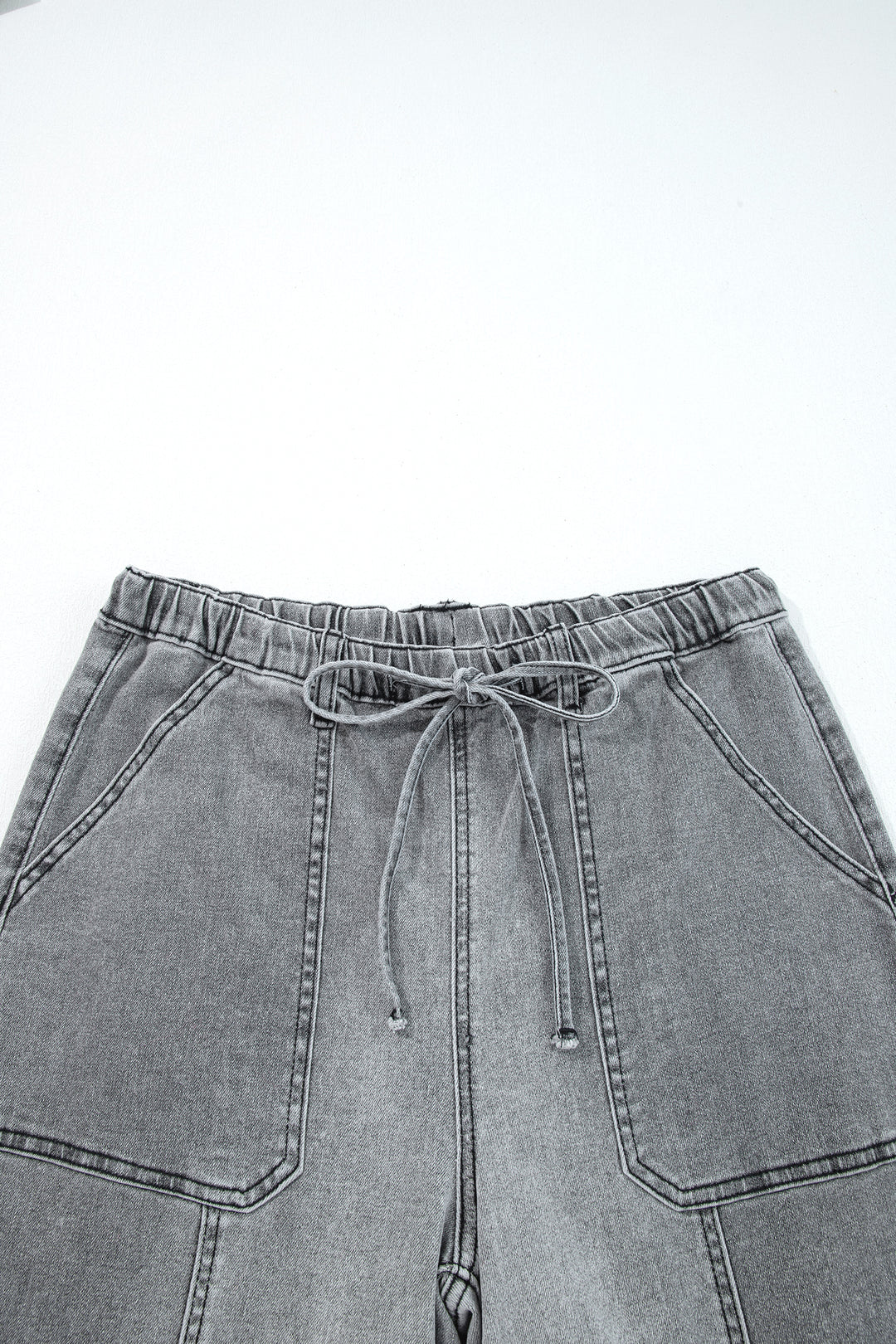 Gray Drawstring Seam Detail Raw Hem Wide Leg Denim Pants