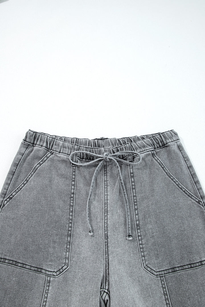 Gray Drawstring Seam Detail Raw Hem Wide Leg Denim Pants