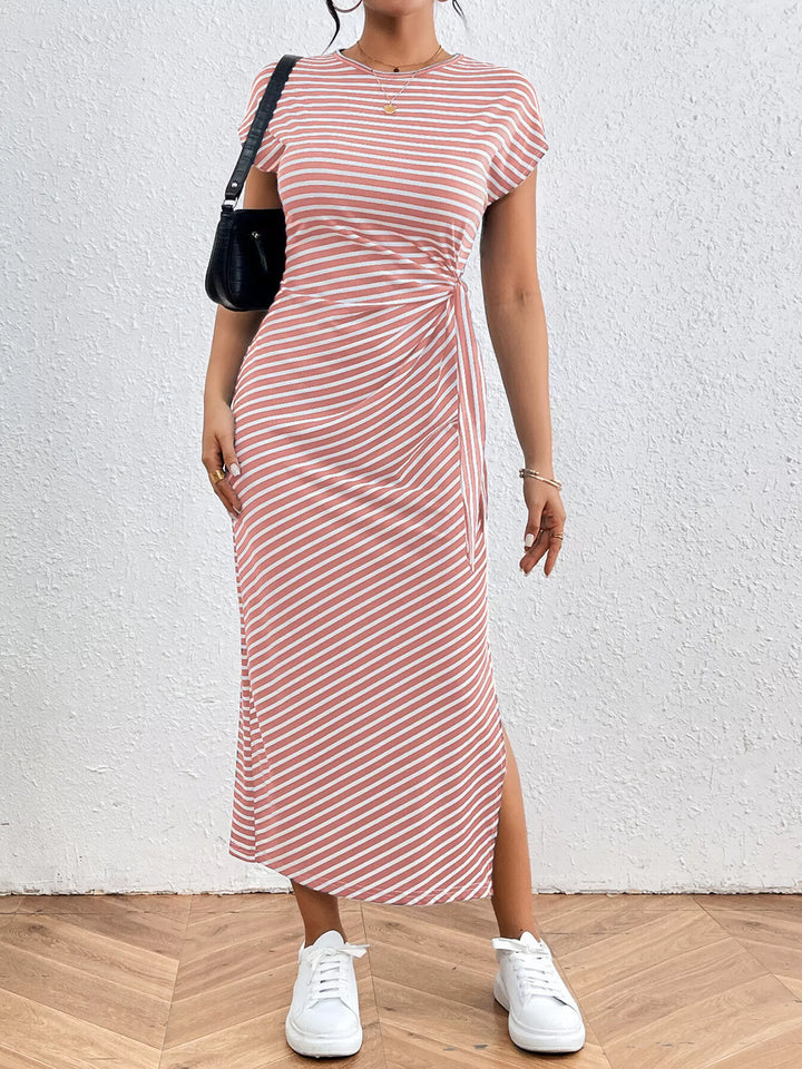 Striped Tie Side Casual Midi Dress