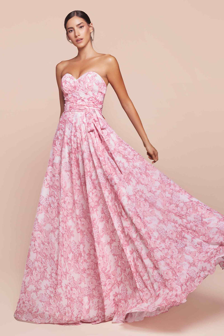 Ladivine 7443 Dress Strapless A-Line Floral Satin Dress