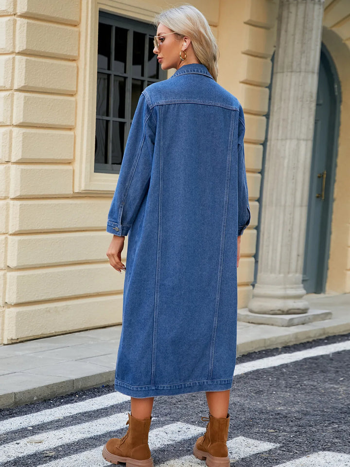 Button Up Long Sleeve Longline Denim Jacket