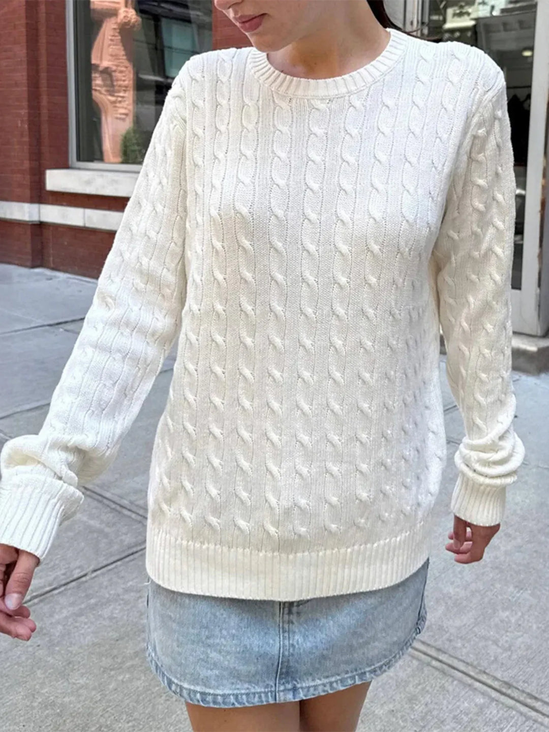 Cable-Knit Round Neck Pullover Sweater