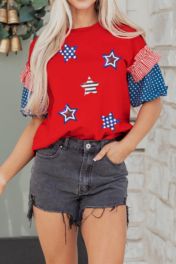 Fiery Red Patriotic Sequin Star Patched Stars and Stripes Contrast Sleeve Top