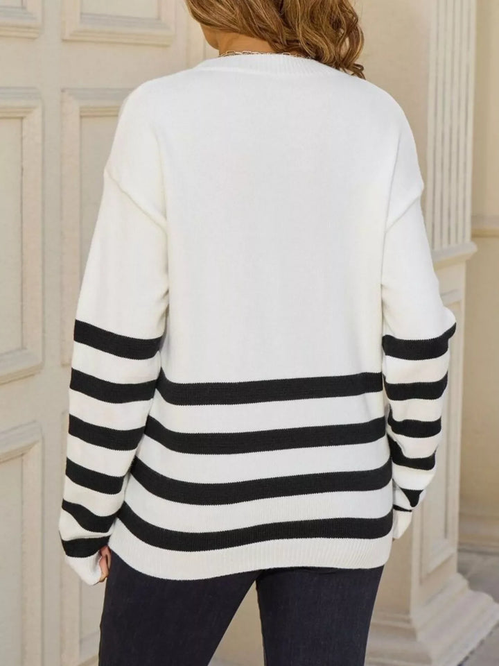 Striped Trim Crew Neck Sweater
