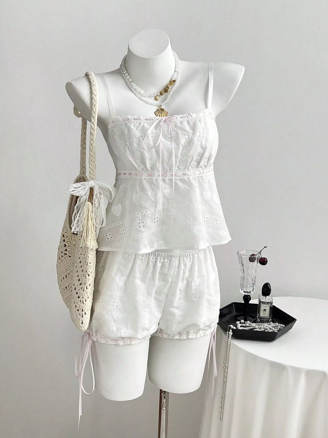 Lace Detail Eyelet Cami and Shorts Set
