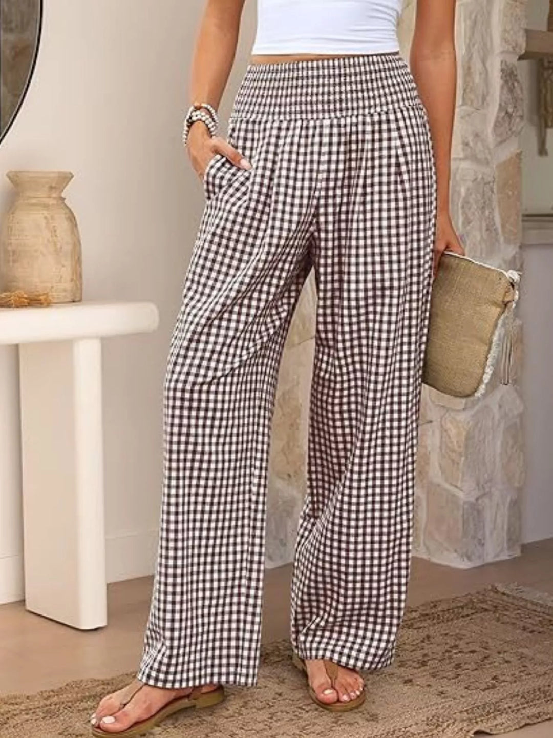 Gingham Wide-Leg Pants
