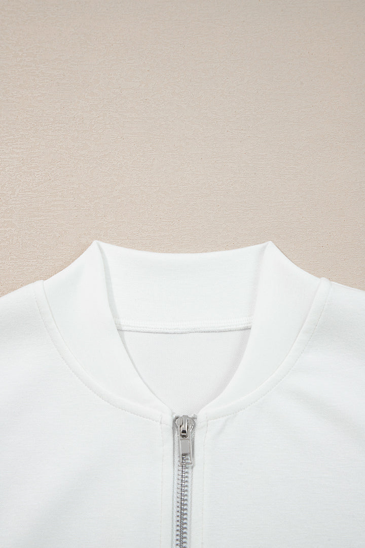 White Solid Color Zip Up Knit Puff Sleeve Jacket