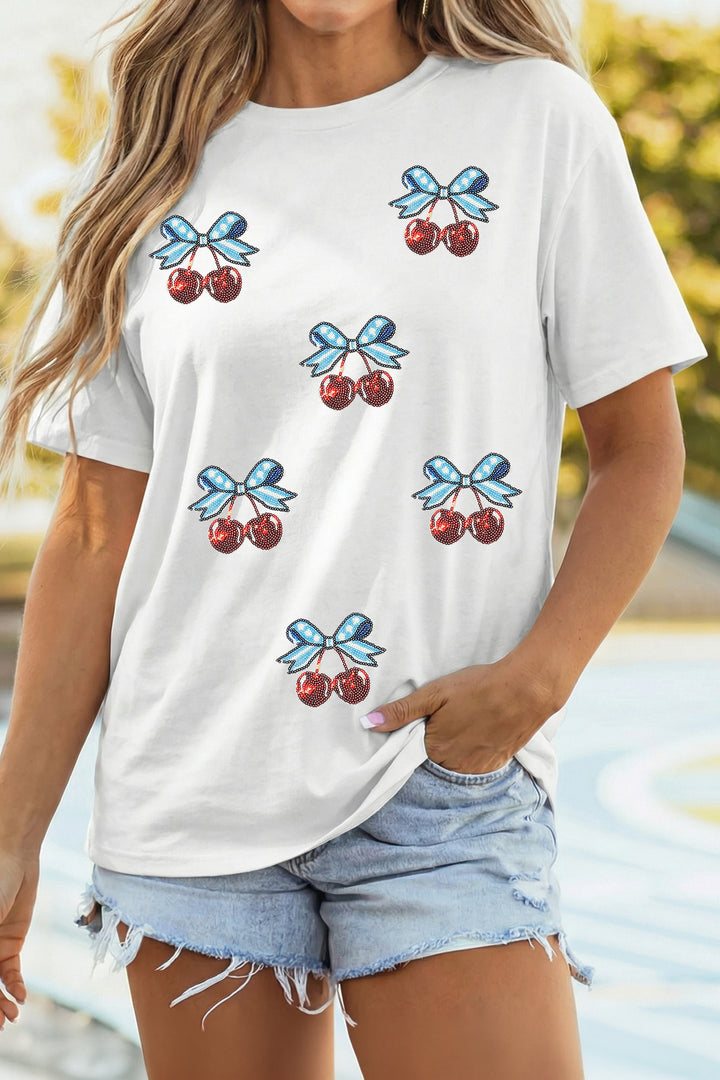 White Coquette Patriotic Cherries Sequin Graphic Tee