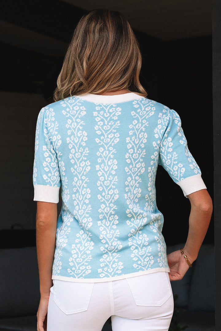 Sky Blue Contrast Floral Crewneck Short Sleeve Sweater