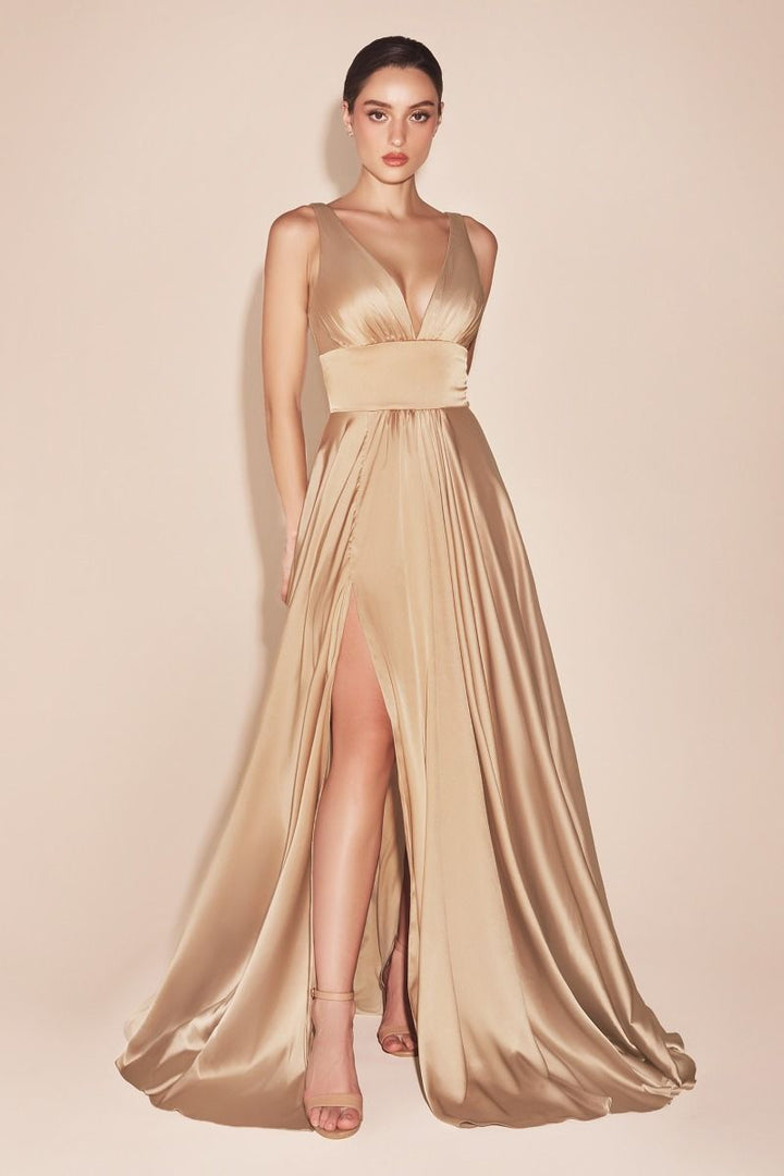 Cinderella Divine 7469 Floor Length Satin Formal V-Neckline Dress