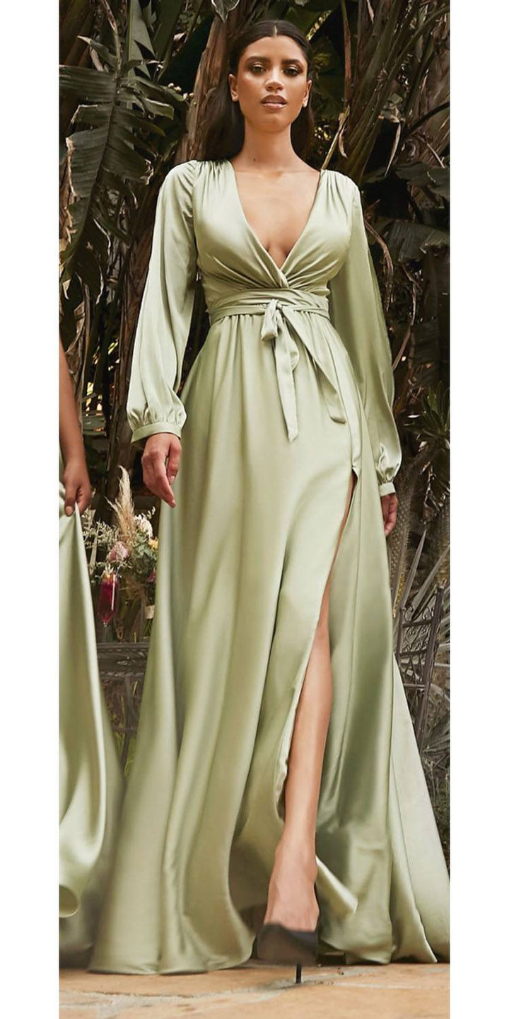 Cinderella Divine 7475 Long Split Blouson Sleeve Formal Dress Thigh Split