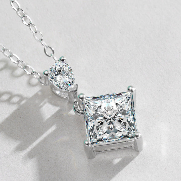 S925 Sterling Silver Princess & Pear Cut Two-Stone Necklace, 1ct D-VVS1 Moissanite Pendant, Platinum Plated 40&45cm Chain, GRA Certified Women's Jewelry Gift Box