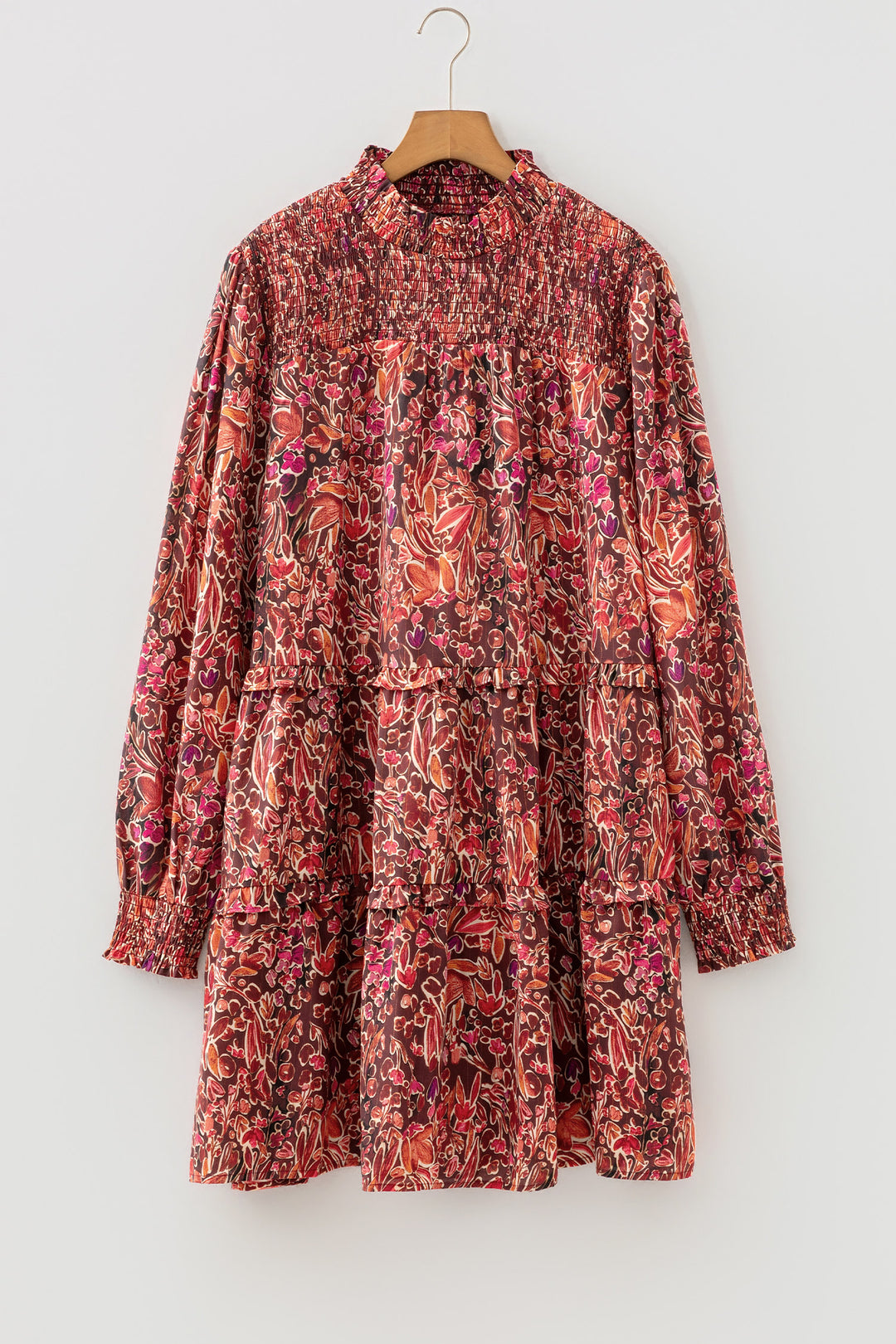 Red Floral Print Long Sleeve Shirred High Neck Loose Mini Dress