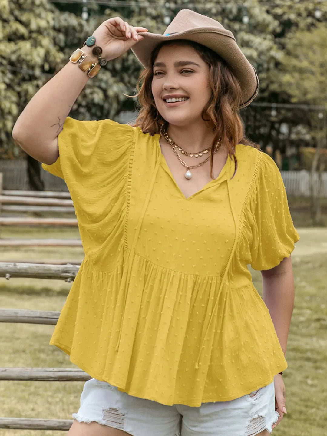 Swiss Dot Tie Neck Short Sleeve Blouse