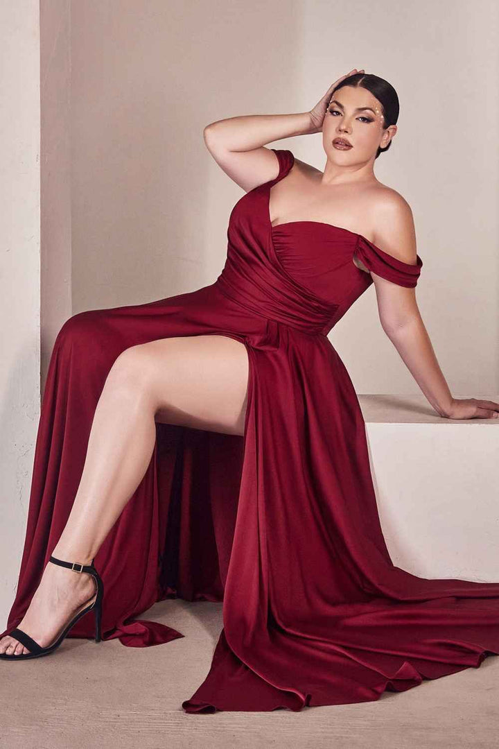 Cinderella Divine 7493C Long Plus Size A-Line Off the Shoulder Satin Dress