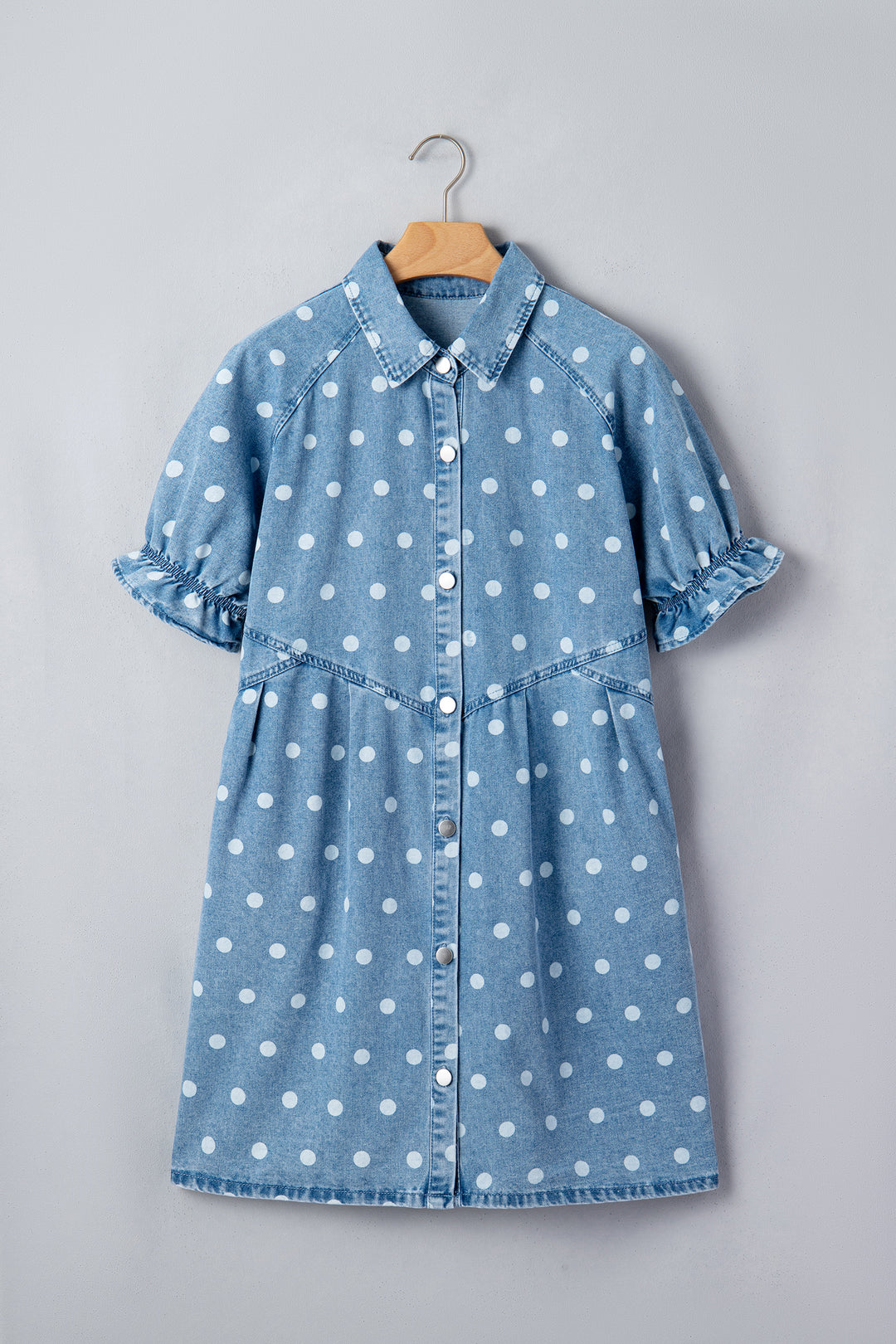 Sky Blue Polka Dot Print Ruffled Short Puff Sleeve Button Down Loose Denim Dress