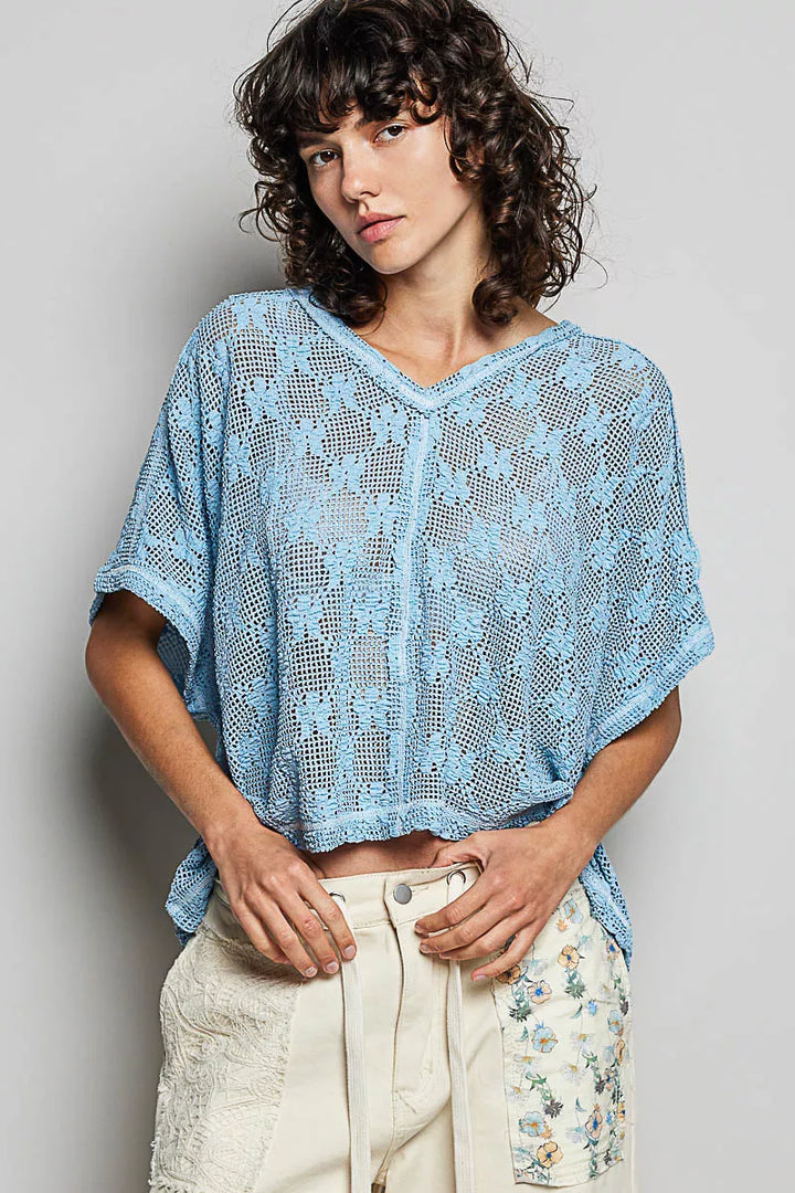 POL Crochet Lace Short Sleeve Top