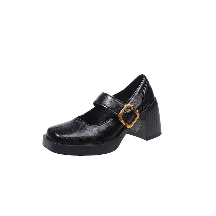 2026 New Women Minimal British Style High Heel Square Toe Flats, Vintage Metal Buckle Single Strap Silent Commuter Mary Janes