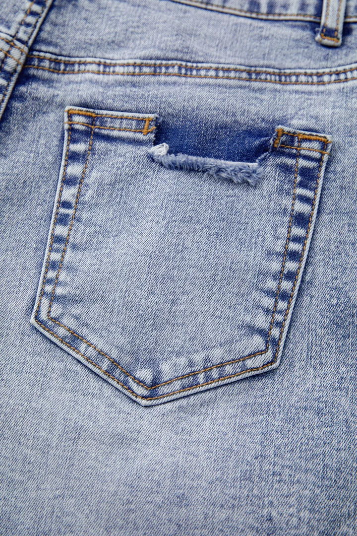 Pearl Studded Pockets Raw Hem Denim Shorts